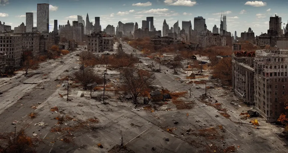 Prompt: wide angle shot of dilapidated zombie - apocalypse new york city in real life, desolate with zombies, dilapidated, empty streets, nightmarish, some rusted style parked vehicles, sunny weather, few clouds, volumetric lighting, photorealistic, daytime, autumn, sharp focus, ultra detailed, cgsociety