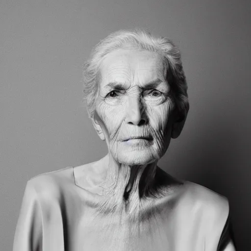 Image similar to a muted colors natural make-up portrait Photograph of an elderly model, editorial story, Vogue Italy, editorial photography