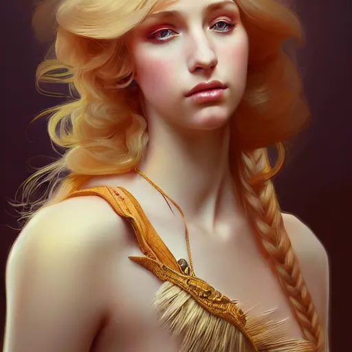 Prompt: portrait of a young blonde e - girl with a parrot, upper body, long hair, intricate, elegant, highly detailed, digital painting, artstation, concept art, matte, sharp focus, illustration, art by artgerm and greg rutkowski and alphonse mucha