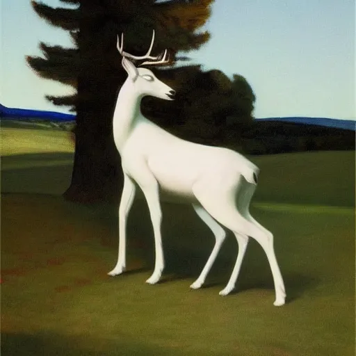 Prompt: Painting of Elle Fanning riding a white deer through the void, by Edward Hopper. 8K. Extremely detailed.