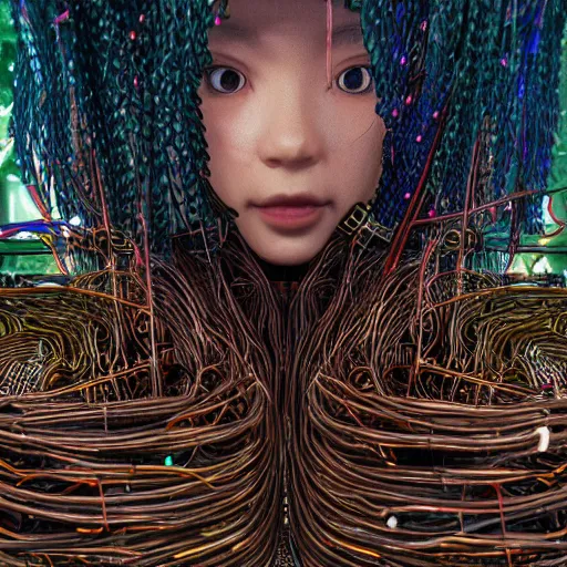 Prompt: piles of modular synth cables mixed with mangrove roots, kawaii puerto rican goddess staring through your soul wearing a headpiece made of circuit boards, by makoto shinkai, masamune, and stanley kubrick, unique perspective, eastman color, trending on artstation, cinematic, 3 d render, photorealistic