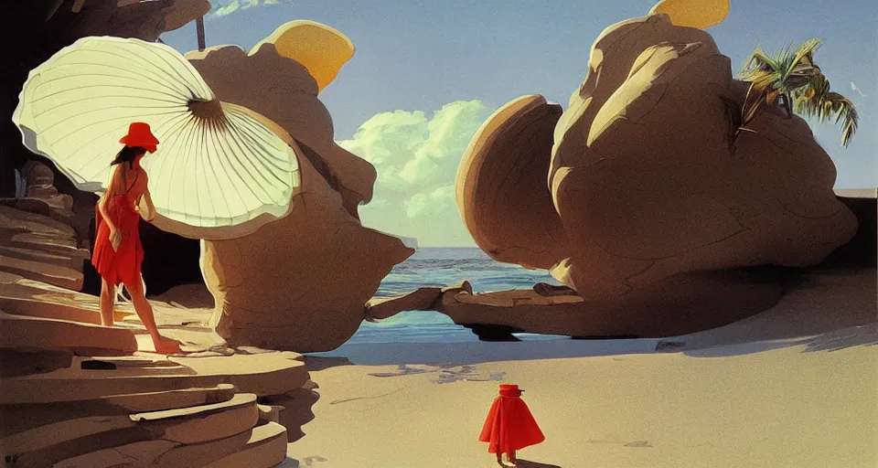 Image similar to a hermit girl outside her seashell home, atmospheric cinematography by syd mead