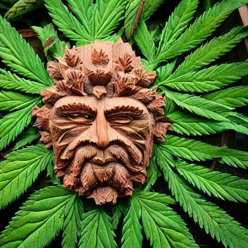 Image similar to deeply carved and stained, highly detailed wood carving depicting the face of the marijuana green man, as if made of obvious cannabis fan leaves, resting in a bed of real cannabis leaves