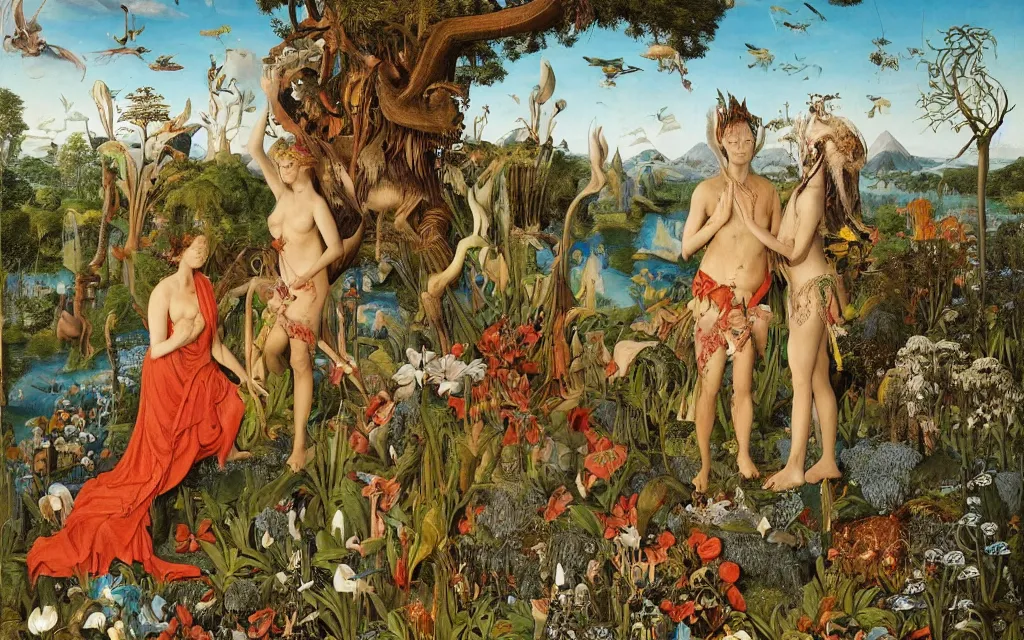 Prompt: a portrait photograph of a meditating harpy and a centaur king hunting tropical aliens at a wide river delta. surrounded by bulbous flowers, animals, trees and mushrooms. mountain range under a vast blue sky of burning stars. painted by jan van eyck, max ernst, ernst haeckel and artgerm, cgsociety, artstation, fashion editorial