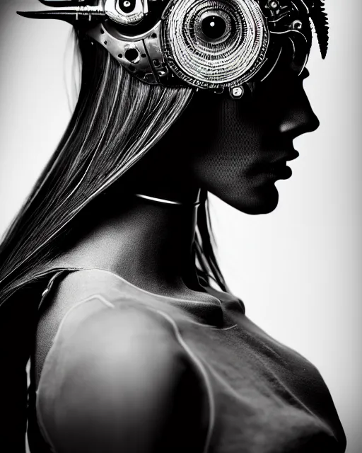 Image similar to a profile portrait, a stunning young woman - cyborg with a mutant crow head, editorial photography, bw, by roman sustov, by hr giger, shot on 7 0 mm, depth of field, f / 2. 8, high contrast, 1 6 k, volumetric lighting, shiny, insanely detailed and intricate, hypermaximalist, elegant, ornate