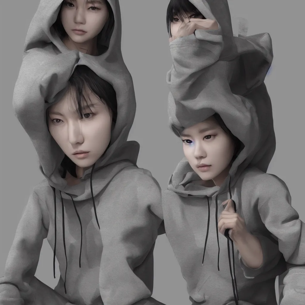 Image similar to Korean fashion model sitting down wearing hoodie with built-in backpack designed by Hamcus, closeup, extremely detailed, epic, 3D render, digital art, artstation, 8K artistic photography, photo-realistic