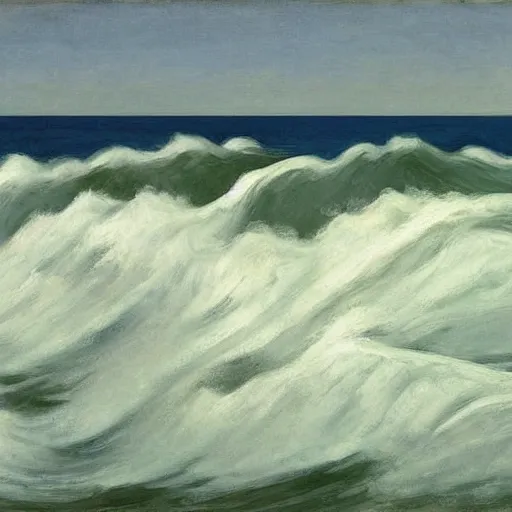 Prompt: white birds flying above the sea with big waves by Edward Hopper