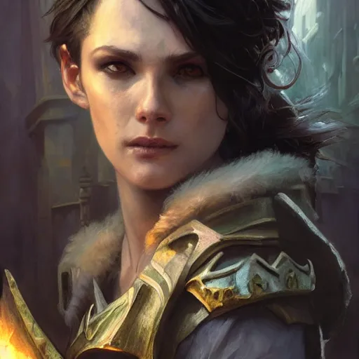 Image similar to closeup portrait of a dungeons and dragons character, dramatic lighting, castle background, gorgeous view, realistic, high detail, depth of field, lightrays, atmospheric, digital art, painted by greg rutkowski, painted by jeremy mann, painted by alphonse mucha, trending on artstation