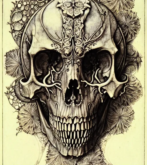 Image similar to memento mori by arthur rackham, art forms of nature by ernst haeckel, exquisitely detailed, art nouveau, gothic, ornately carved beautiful skull dominant, intricately carved antique bone, art nouveau botanicals, ornamental bone carvings, art forms of nature by ernst haeckel, horizontal symmetry, arthur rackham, ernst haeckel, symbolist, visionary