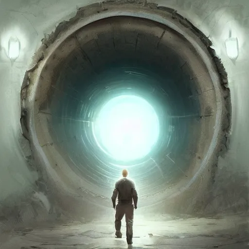 Image similar to a man walking into the portal, concept art, illustration, highly detailed, artwork, cinematic, hyper realistic, art station