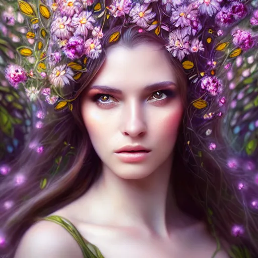 Image similar to a picture of a beautiful woman clothed in flowers and leaves standing in an enchanted forest, high fantasy, elegant, epic, detailed, intricate, digital painting, concept art, realistic detailed face, smooth, focus, rim light, detailed 8 5 mm f / 1. 4, anamorphic lens,