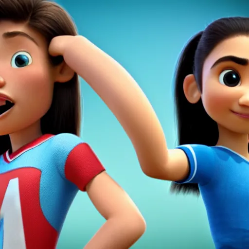 Image similar to young beautiful athletic Filipino woman with long hair standing beside a handsome caucasian athletic thin man with short buzzed hair, high widows peak, stubble on his face, blue eyes, depicted as Pixar characters, high quality cg render