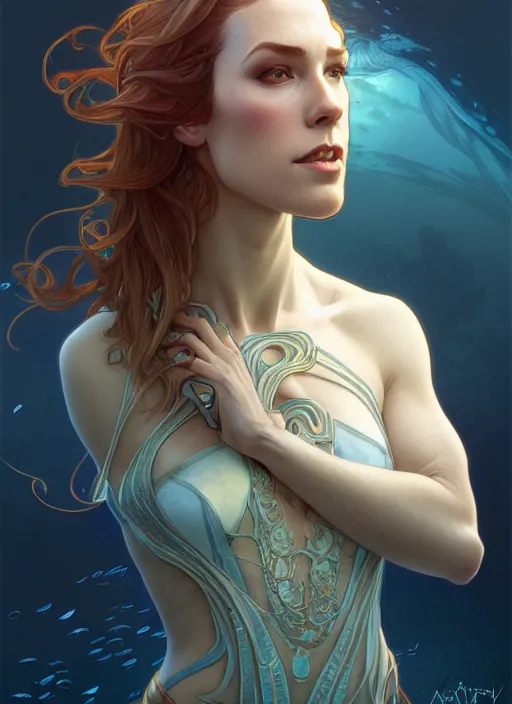 Image similar to marisha ray as a fish, intricate, elegant, highly detailed, digital painting, artstation, concept art, smooth, sharp focus, illustration, art by artgerm and greg rutkowski and alphonse mucha, 8 k