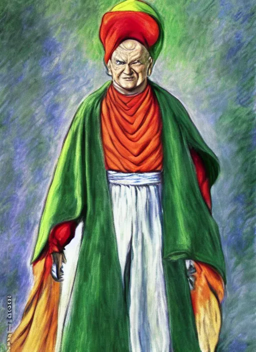 Prompt: turban and shoulder pads with cape wearing john paul ii as piccolo from dragon ball z by claude monet