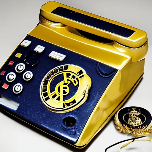 Image similar to a golden fax telephone in real madrid thropy room