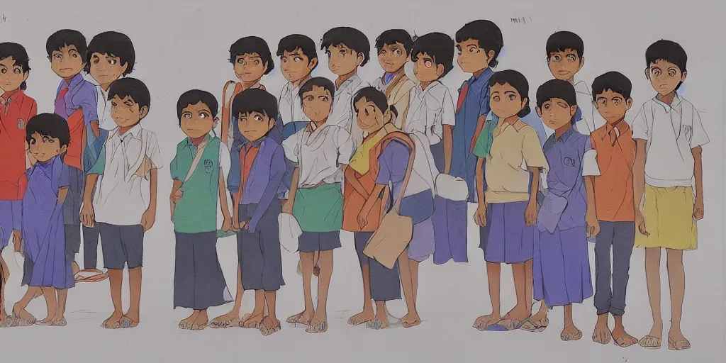 Image similar to sri lankan school kids, drawn by hayao miyazaki, rule of thirds