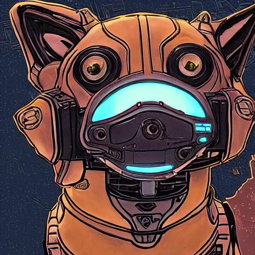 Image similar to cyborg corgi with one robotic eye that looks like it is from Borderlands and by Feng Zhu and Loish and Laurie Greasley, Victo Ngai, Andreas Rocha, John Harris