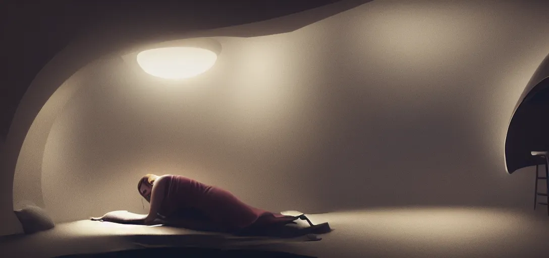 Image similar to a woman sleepinginside a hibernation pod, side view, in the style of blade runner, high tech, photoreal, dramatic lighting, unreal engine 5, octane rendering, ray tracing