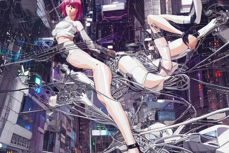 Image similar to a finely composed cyberpunk illustration of a group of motoko kusanagi-like white female androids in style of hajime sorayama, lying on an abstract, empty, white floor with their body parts scattered around and cables and wires coming out, by katsuhiro otomo and masamune shirow, hyper-detailed, intricate, colorful, view from above, wide angle, close up, beautiful