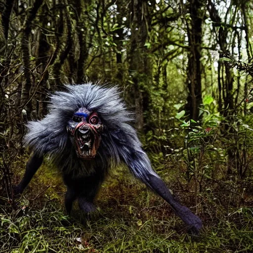 Image similar to horror, photography, humanoid mutant, matted fur, grinning, sprinting through undergrowth in a dense forest in daytime, wide eyes