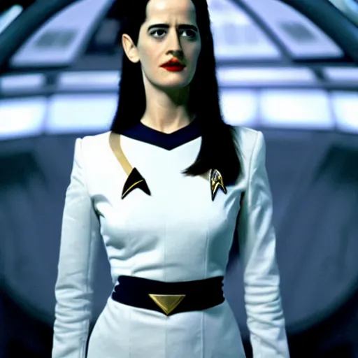 Prompt: a beautiful full body photograph of younger eva green as a star fleet officer from star trek next generation, extreme realism and detail, 8 k, completely framed, direct lighting, 3 5 mm photo, photorealistic, sharp focus