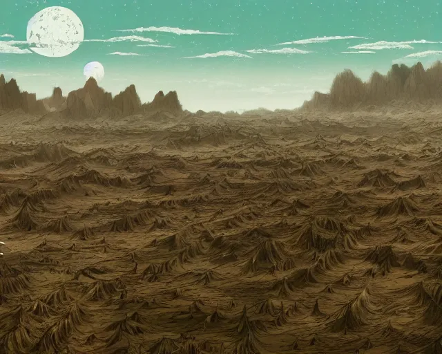 Image similar to landscape of flat wastelands, thin rocky spikes, studio ghibli style, hayao miyazaki, award winning photograph, highly detailed, artstation, hd wallpaper