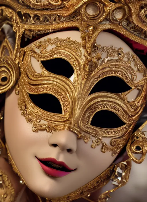 Prompt: closeup of A beautiful woman in an ornate Venice Carnival Mask, 8K, octane render, 8K,