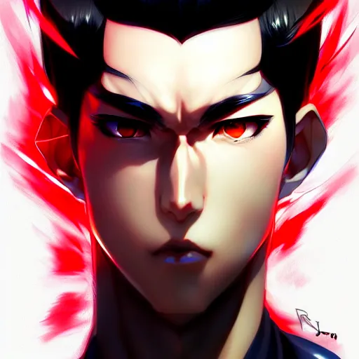 Image similar to anime portrait of a slick black hair guy with red eyes by stanley artgerm lau, wlop, rossdraws, james jean, andrei riabovitchev, marc simonetti, and sakimichan, trending on artstation