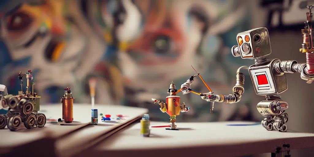 Image similar to closeup portrait of tin toy retro robot painter mixing gouache on white paper table in an artist workshop, depth of field, zeiss lens, detailed, centered, fashion photoshoot, by nicoletta ceccoli, mark ryden, lostfish, breathtaking, 8 k resolution, extremely detailed, beautiful, establishing shot, artistic, hyperrealistic, octane render