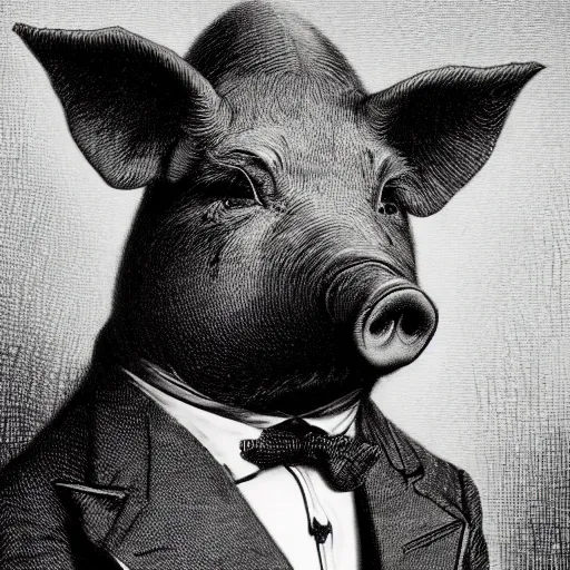 Image similar to a pig in a tuxedo, creepy atmosphere, dark, portrait, realistic portrait, beautiful, close up, very realistic, illustration by Gustave Doré