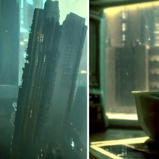 Image similar to close - up color photography of details in deckard's apartment in blade runner, narrow depth of field, low light