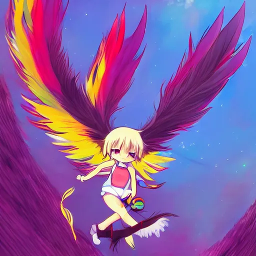 Image similar to anime painting cute phoenix zipping around, wanting to explore and investigate everything. kawaii, cute, adorable, chibi, digital art, trending on artstation, stylized, colorful feathers, anime art by Kuvshinov Ilya, lariennechan, Aokamei