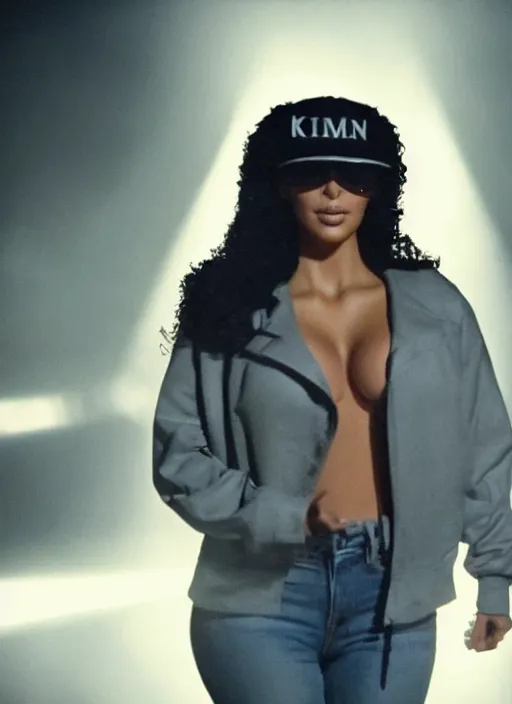 Image similar to film still of kim kardashian as eazy e in straight outta compton, cinematic lighting,