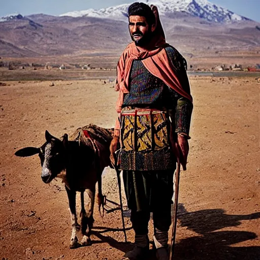 Image similar to Kurdish shepherd wearing Kurdish clothes in a movie directed by Christopher Nolan, movie still frame, promotional image, imax 70 mm footage