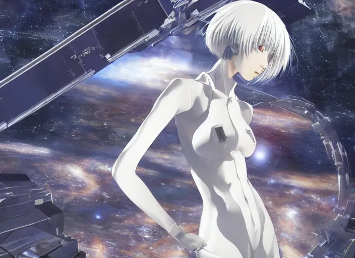 Image similar to This is a digital art piece by Yoshiyuki Sadamoto that is trending on artstation. It is a 8K UHD image of Rei Ayanami, a female anime character, inside a space station with technological rings. She is shot from the ground by Yoshiyuki Sadamoto. The environment is a concept design and the art is hyper realistic with intricate details.