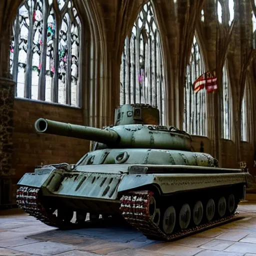 Prompt: Photo of a tank in Hogwarts Great Hall