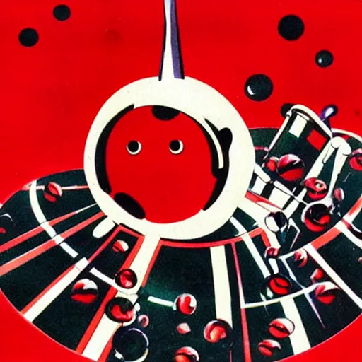 Image similar to 1960s illustration of a centered red and white round peppermint candy as a black hole consuming Candy Land, stunning, high quality