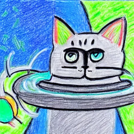 Prompt: An oil pastel drawing of an annoyed cat in a spaceship