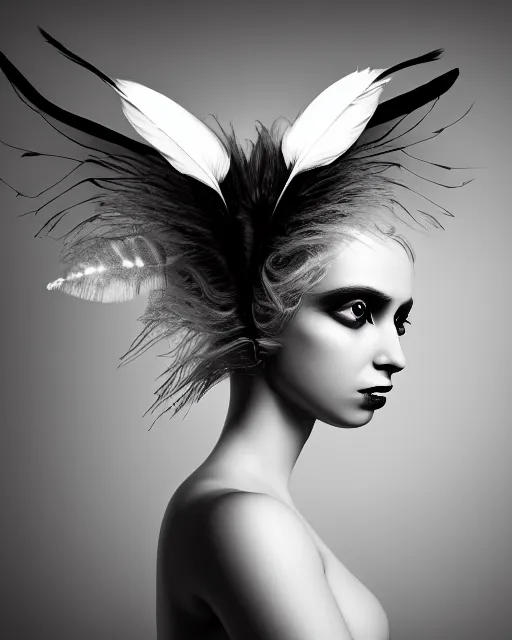 Image similar to surreal mythical dreamy dark artistic black and white fine art 3 / 4 portrait photo of a young delicate mutant female - orchid - bird - cyborg with feather hair, rim light, cinematic, studio dramatic light, poetic, octane render, 8 k, photo - realistic