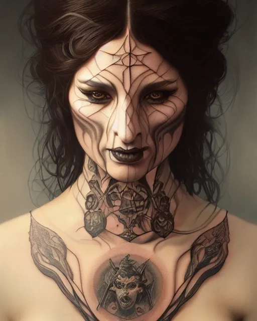 Image similar to portrait of a satanic witch, tattooed face, upper body, decorated, intricate, elegant, highly detailed, digital painting, artstation, concept art, smooth, sharp focus, illustration, art by artgerm and greg rutkowski and alphonse mucha, 8 k