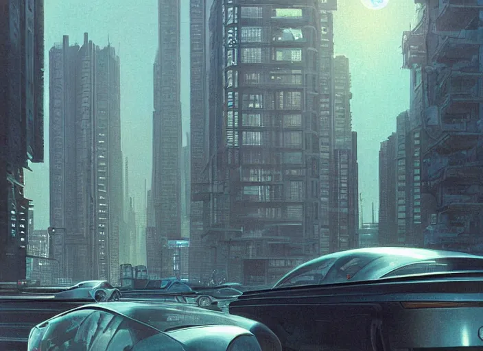 Prompt: a car driving down a street next to tall buildings the night at 1 pm, cyberpunk art by Chesley Bonestell, cgsociety, retrofuturism, matte painting, reimagined by industrial light and magic