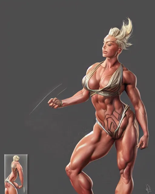 Image similar to full figure ultra realistic illustration, margot robbie as thick female bodybuilder zarya from overwatch, intricate, elegant, highly detailed, digital painting, artstation, concept art, smooth, sharp focus, illustration, art by artgerm and greg rutkowski and alphonse mucha