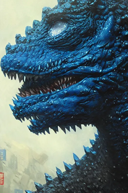 Image similar to blue shin - godzilla wearing a propeller cap hat, extreme close up detailed face portrait dnd, painting by gaston bussiere, craig mullins, greg rutkowski, yoji shinkawa