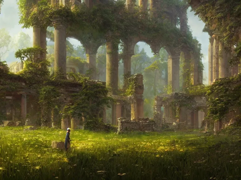 Prompt: A ultradetailed beautiful panting showing mysterious ruins where the vegetation grew in harmony with the machine, oil panting, high resolution 4K, by Ilya Kuvshinov, Greg Rutkowski and Makoto Shinkai