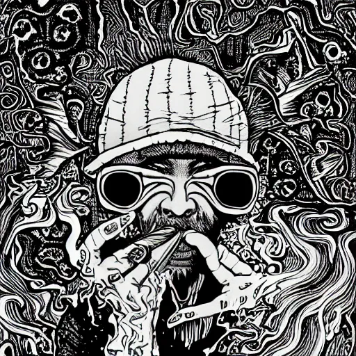 Prompt: a hippie smoking with an alien. psychedelic. detailed