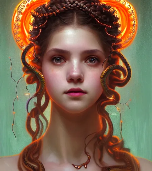 Image similar to portrait of teenage medusa, snake hair, naughty smile, wearing an embroidered orange tunic, intricate, elegant, copper and emerald jewelry, glowing lights, highly detailed, digital painting, artstation, concept art, smooth, sharp focus, seductive illustration, art by wlop, mucha, artgerm, and greg rutkowski