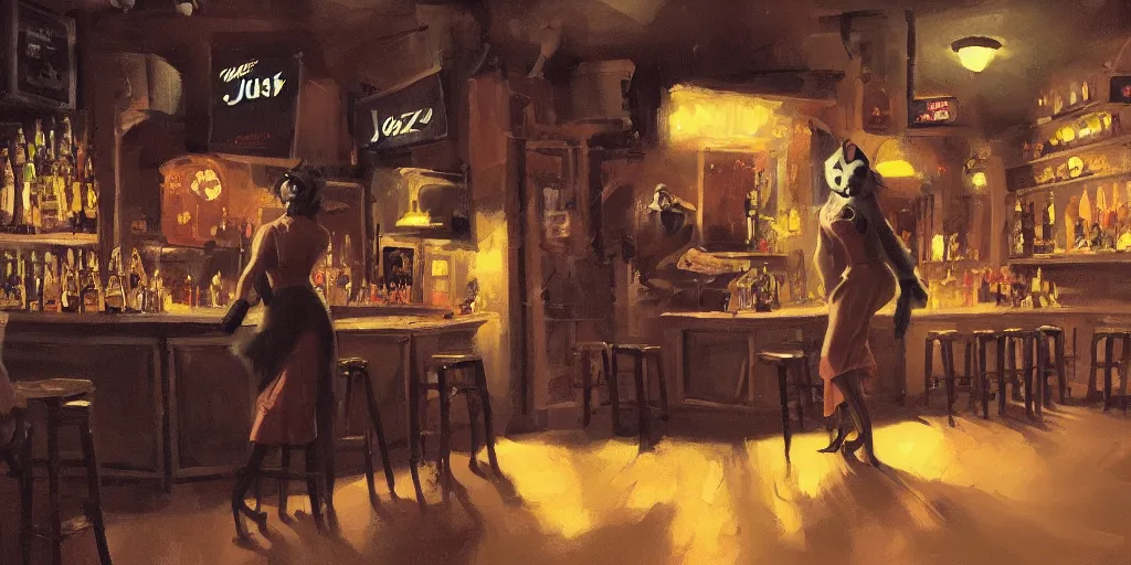 Image similar to a biped female rat is working at the bar of a 4 0 s jazz club, warm color palette, night time, dramatic lighting, noir film, character sheet, fine details, high contrast, blacksad, kim jung gi, greg rutkowski, trending on artstation, 8 k, front view, back view, ultra wide angle