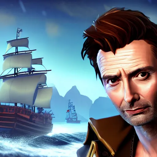 Prompt: david Tennant in the Sea of thieves, ultra detailed, on the ship, sharp focus, art by artgerm, 8k, game screenshot, hyperrealistic