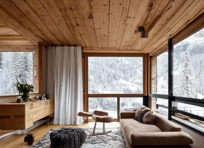 Image similar to a modern swiss living room interior, chalet style, sofa, cupboards, table, rustic wood, beige, white, retro futurism, minimalist, swedish design, ocher, bohemian, giant windows