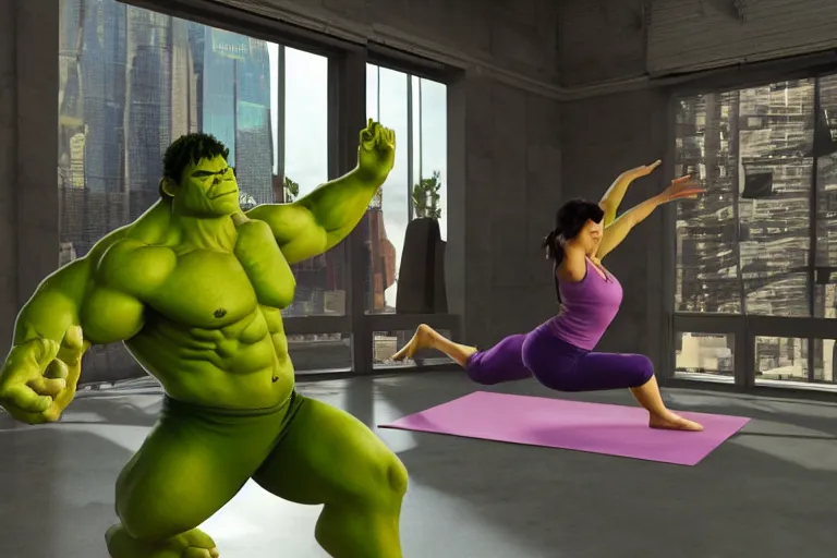 Prompt: the hulk and shrek doing yoga poses in the morning, produced in surreal sweatshop under fluorescent dominion, advanced, photorealistic, realistic, dramatic lighting, fantastic reality, by michelangelo, 8 k resolution